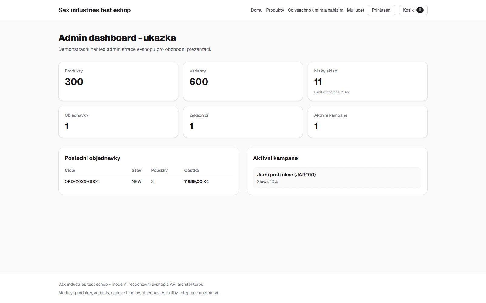 Ukázka administrace e-shopu
